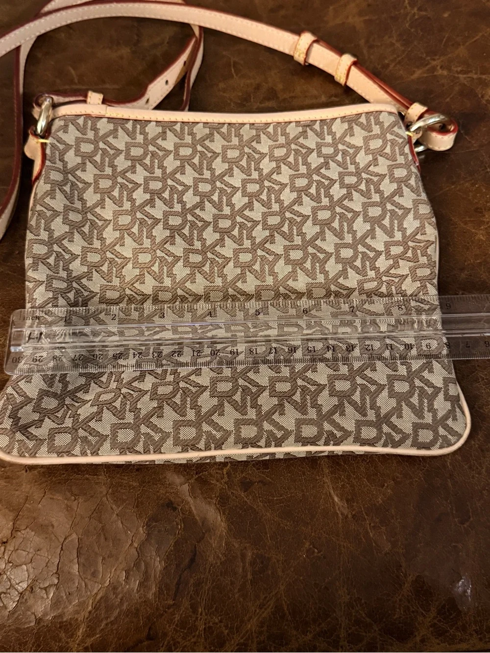 DKNY Signature Monogram Canvas Flat Crossbody Bag - Tan & Brown